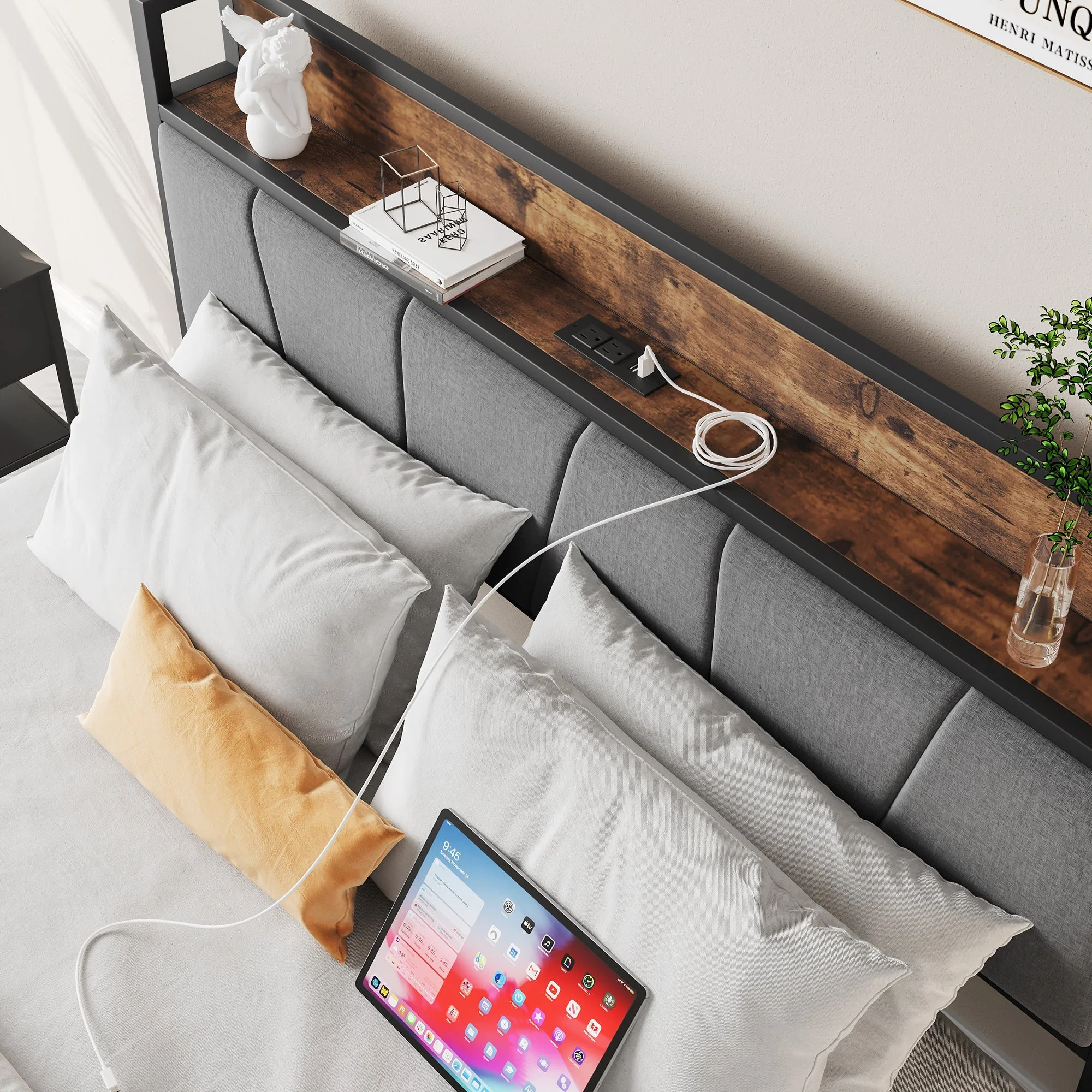 Full Size Bed Frame Storage Headboard with Charging Station - Image 3