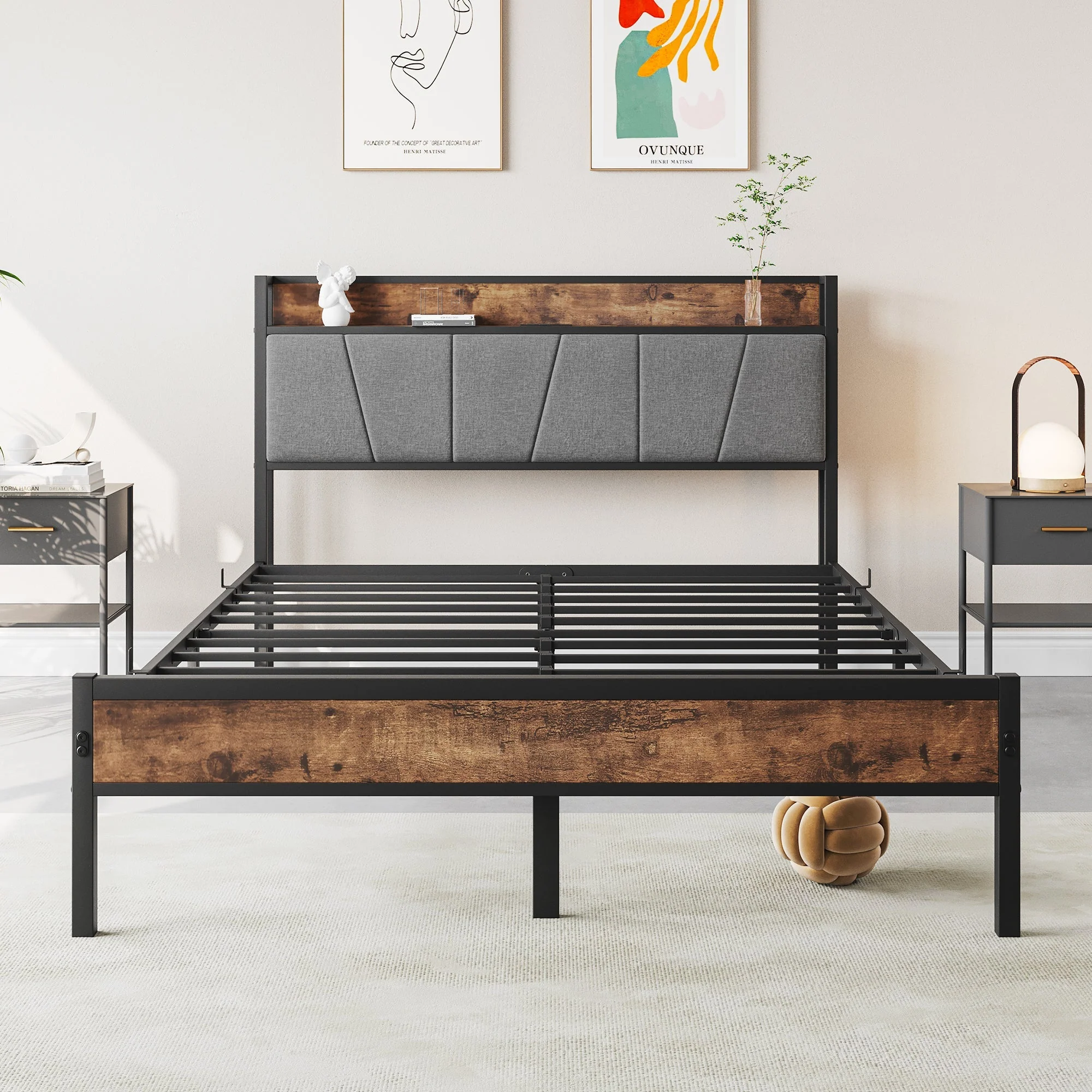 Full Size Bed Frame Storage Headboard with Charging Station - Image 6
