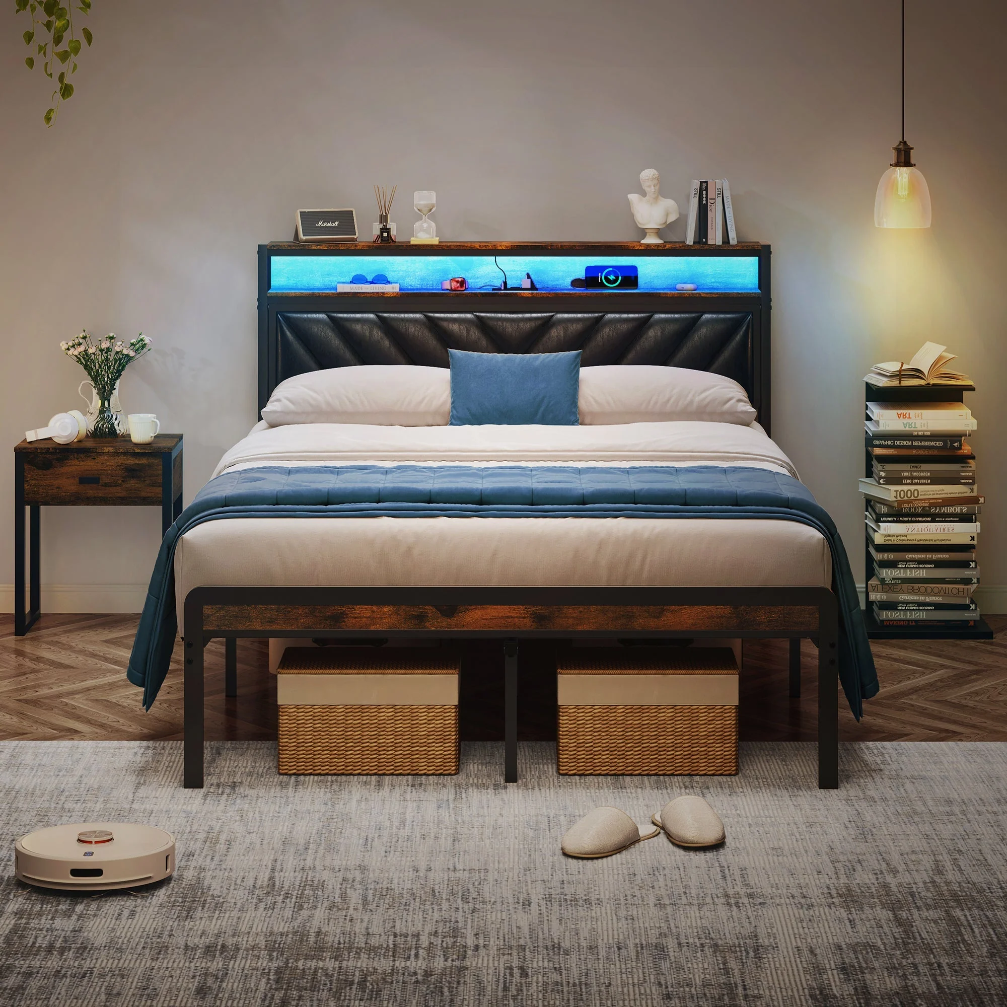 Full Size Metal Platform Bed Frame with Adjustable Upholstered Headboard - Image 3