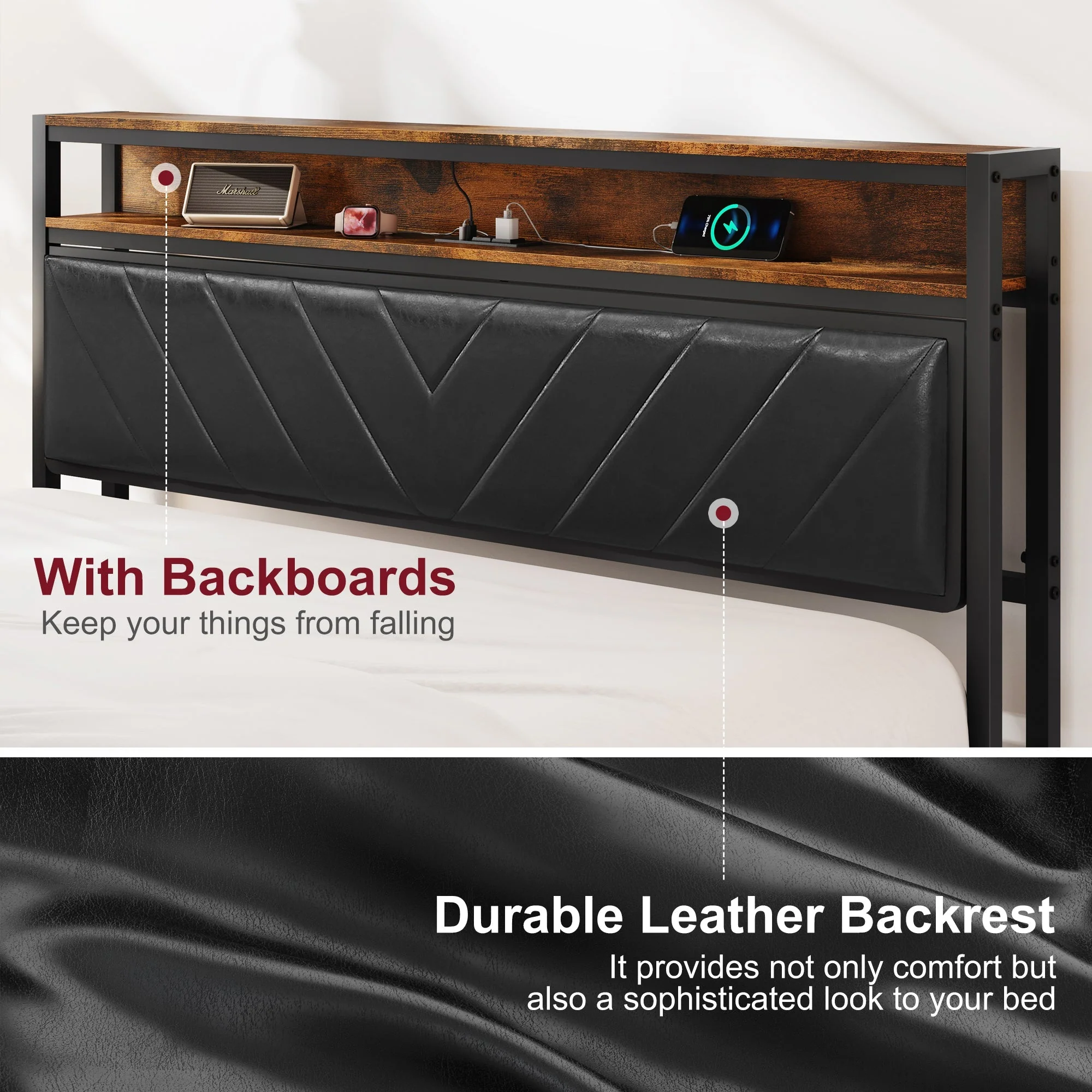 Full Size Metal Platform Bed Frame with Adjustable Upholstered Headboard - Image 7