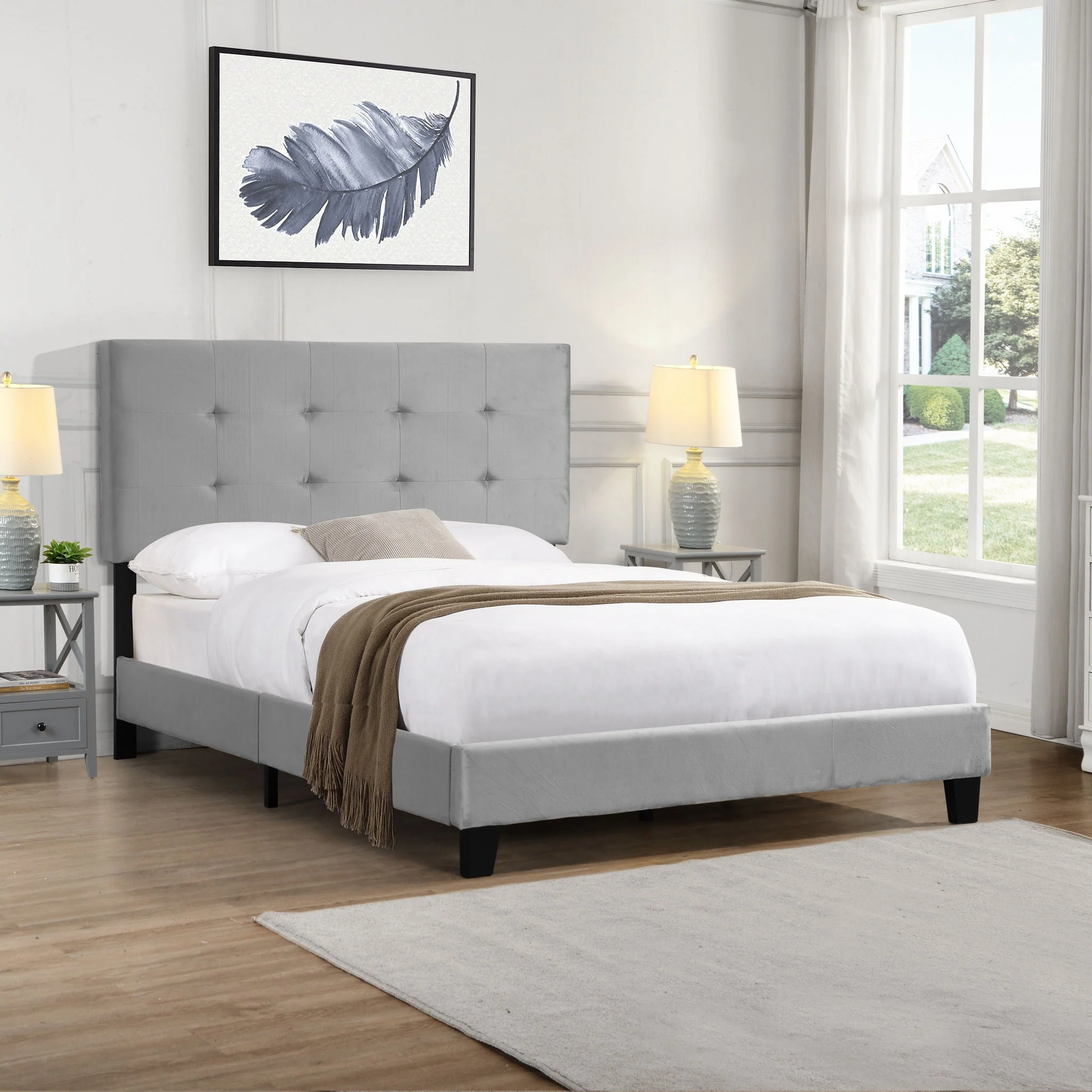 Full Size Upholstered Platform Bed Frame With Tufted Headboard, Strong Wood Slat Support - Gray - Image 3