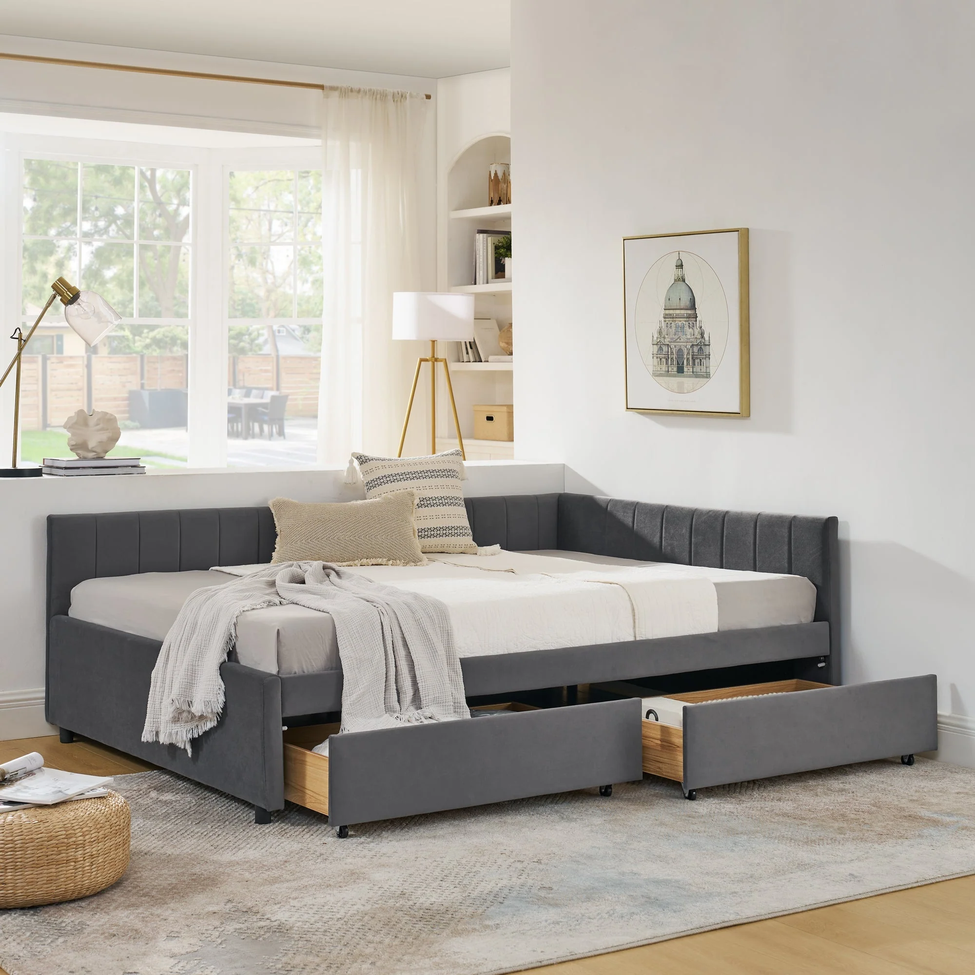 Full Size Upholstered Tufted Bed Frame with Two Drawers - Image 2