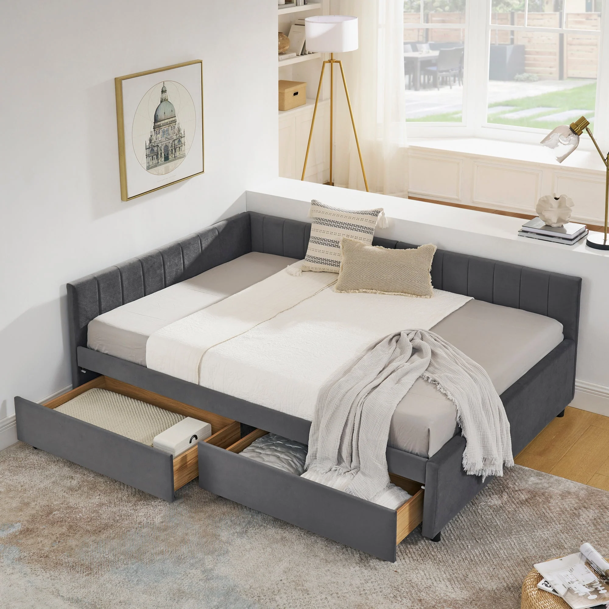 Full Size Upholstered Tufted Bed Frame with Two Drawers - Image 21