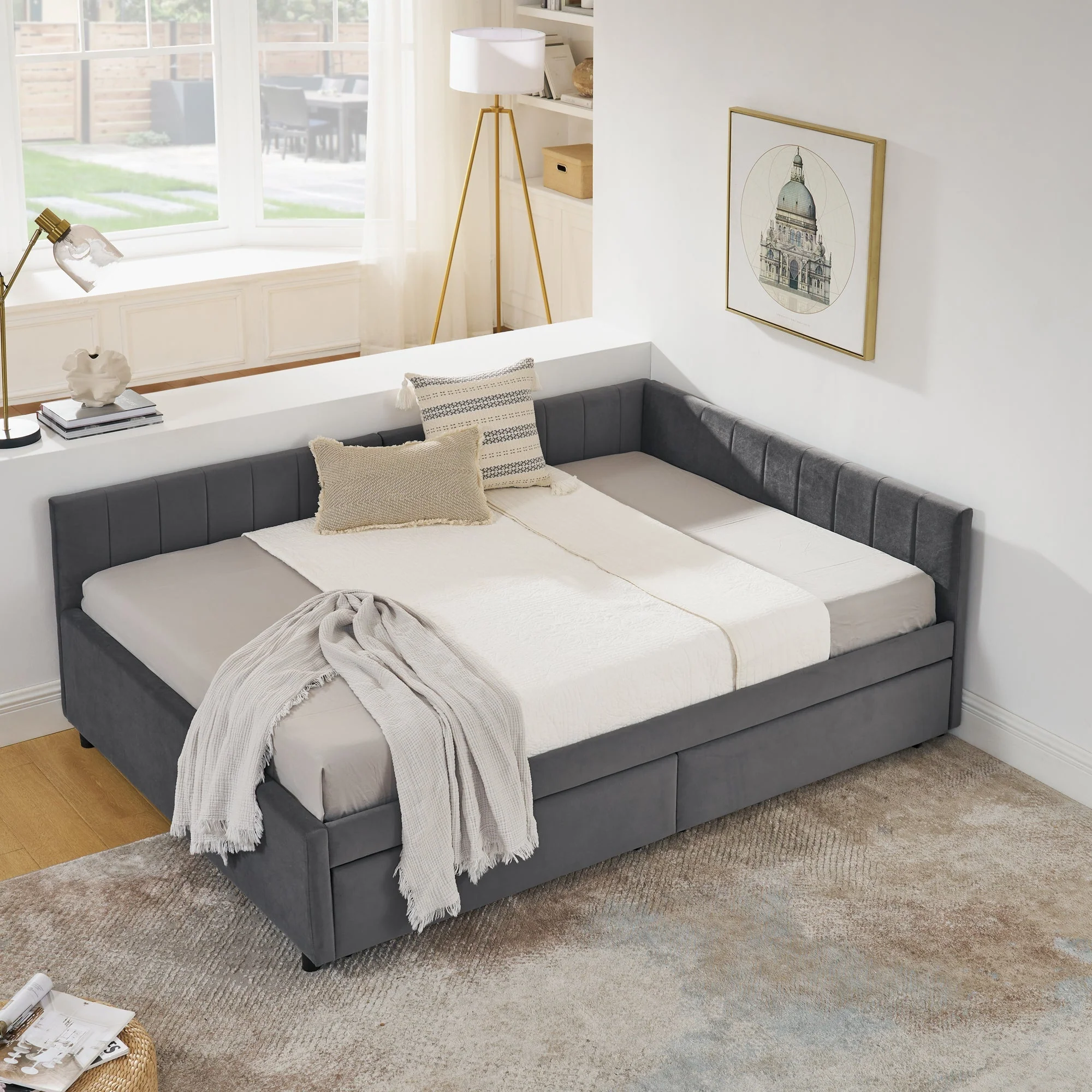 Full Size Upholstered Tufted Bed Frame with Two Drawers - Image 3