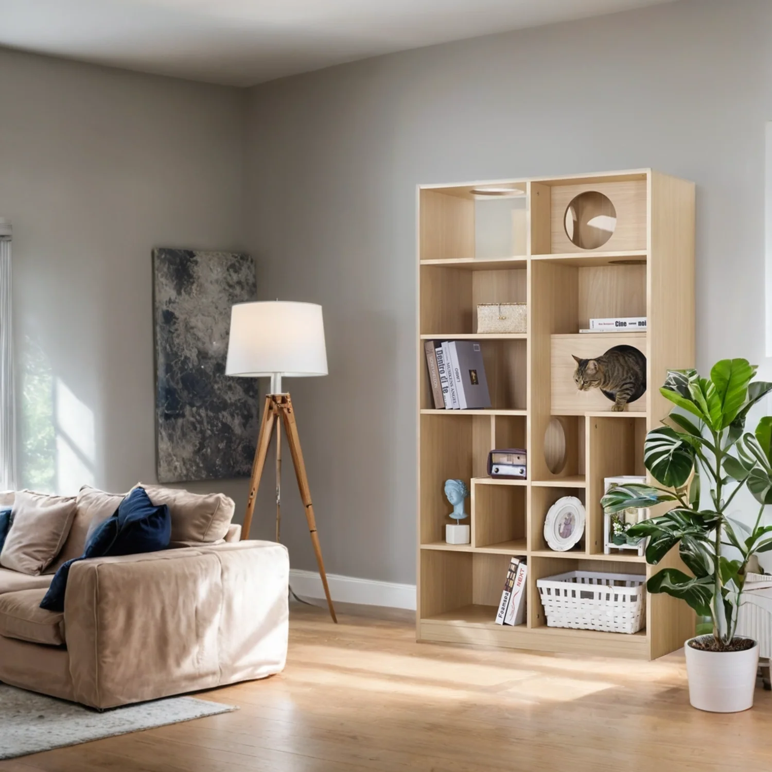 Furniture Style Cat Bookcase Cat Tree Shelves Natural Particle Board MDF 63.5 Inch - Image 12