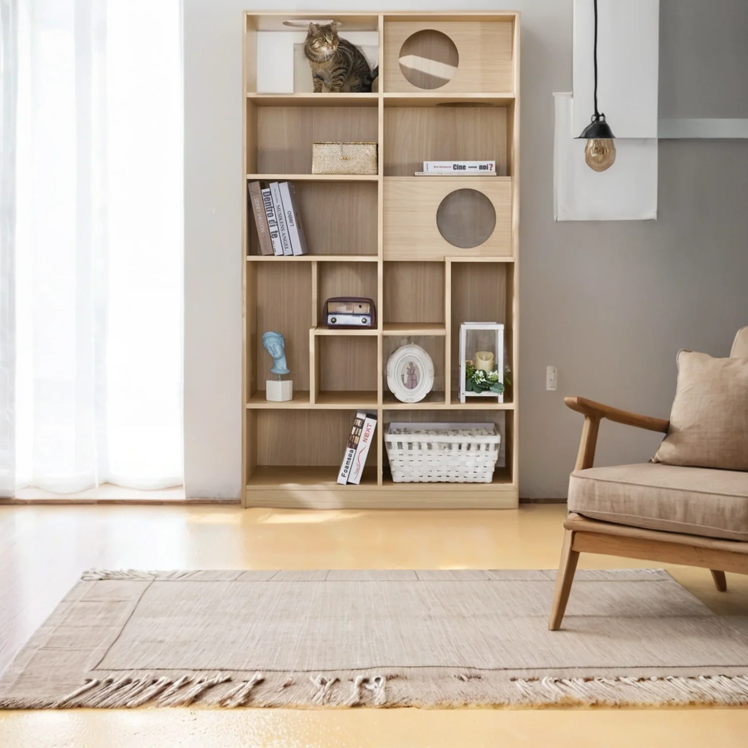 Furniture Style Cat Bookcase Cat Tree Shelves Natural Particle Board MDF 63.5 Inch - Image 13