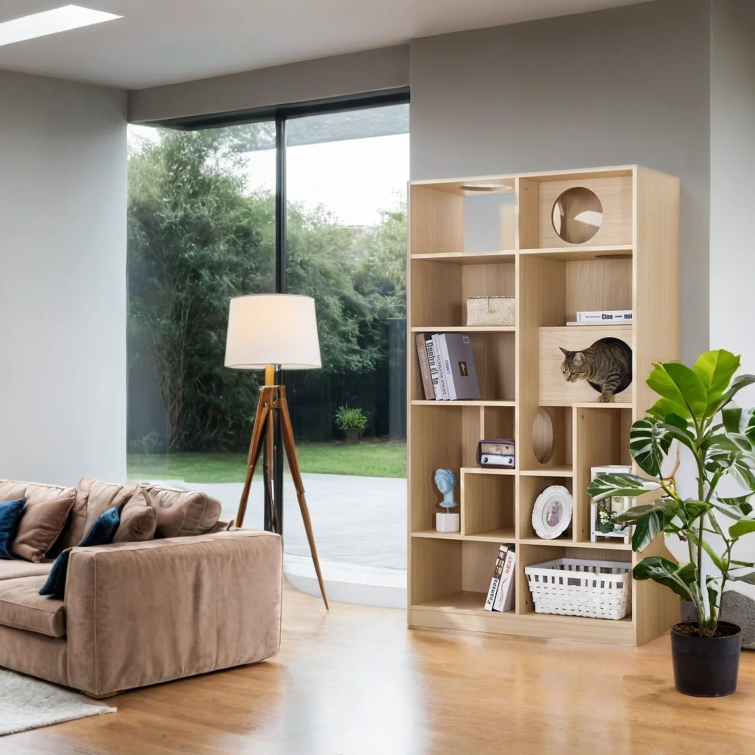 Furniture Style Cat Bookcase Cat Tree Shelves Natural Particle Board MDF 63.5 Inch - Image 3
