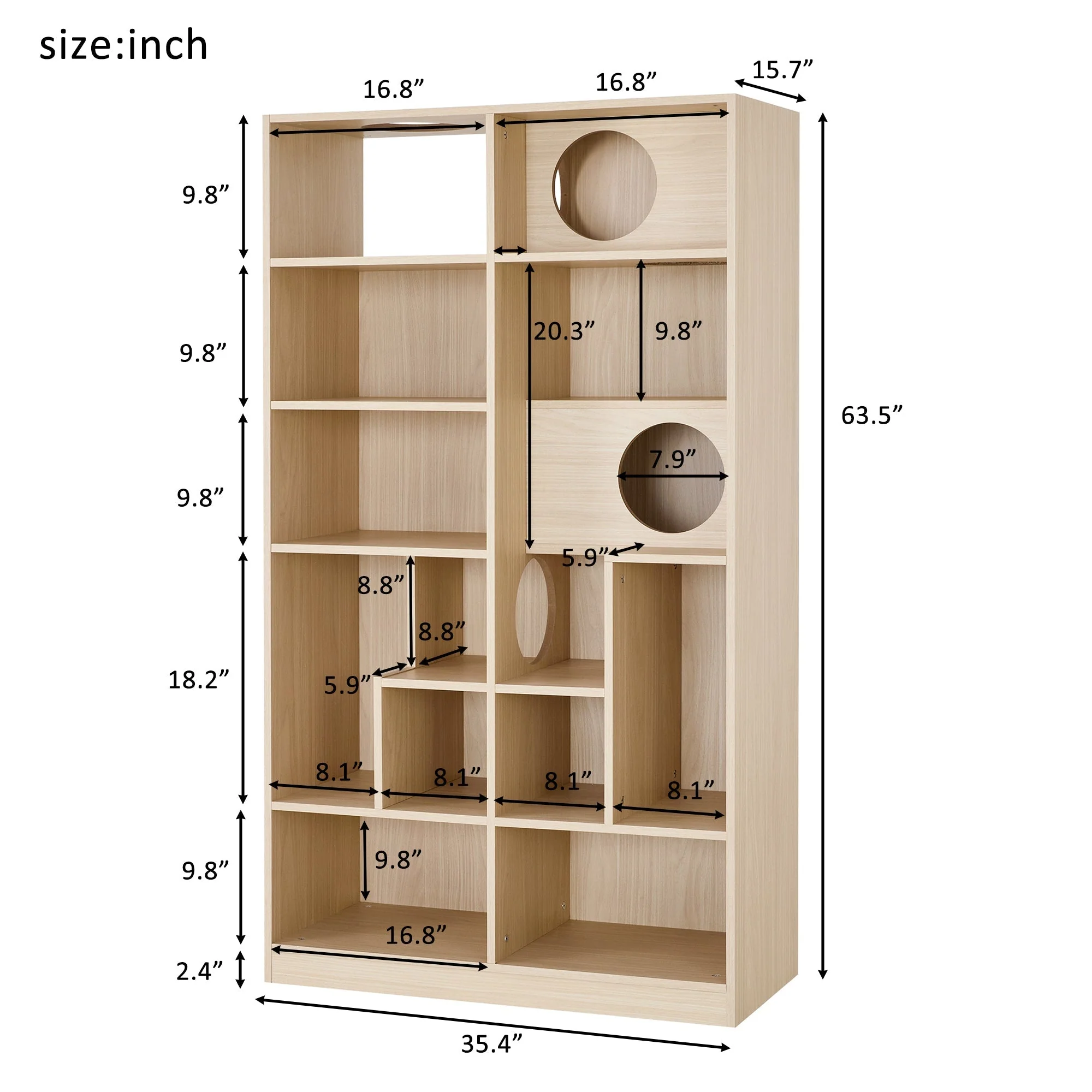 Furniture Style Cat Bookcase Cat Tree Shelves Natural Particle Board MDF 63.5 Inch - Image 4