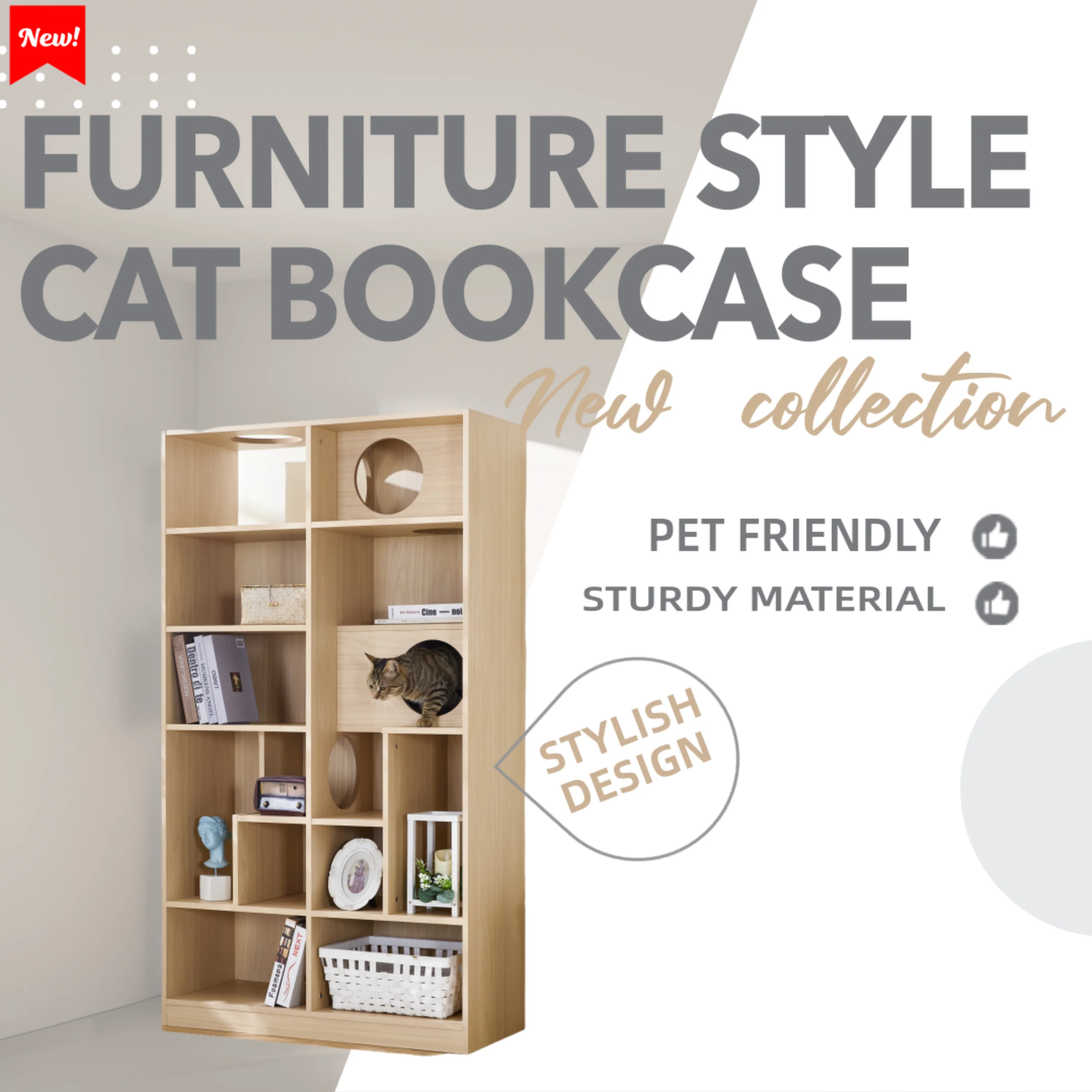 Furniture Style Cat Bookcase Cat Tree Shelves Natural Particle Board MDF 63.5 Inch - Image 5
