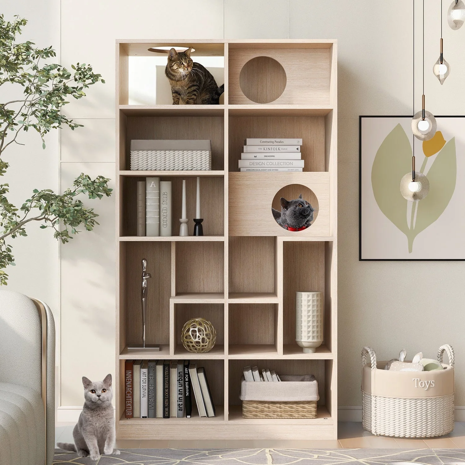 Furniture Style Cat Bookcase Cat Tree Shelves Natural Particle Board MDF 63.5 Inch - Image 6