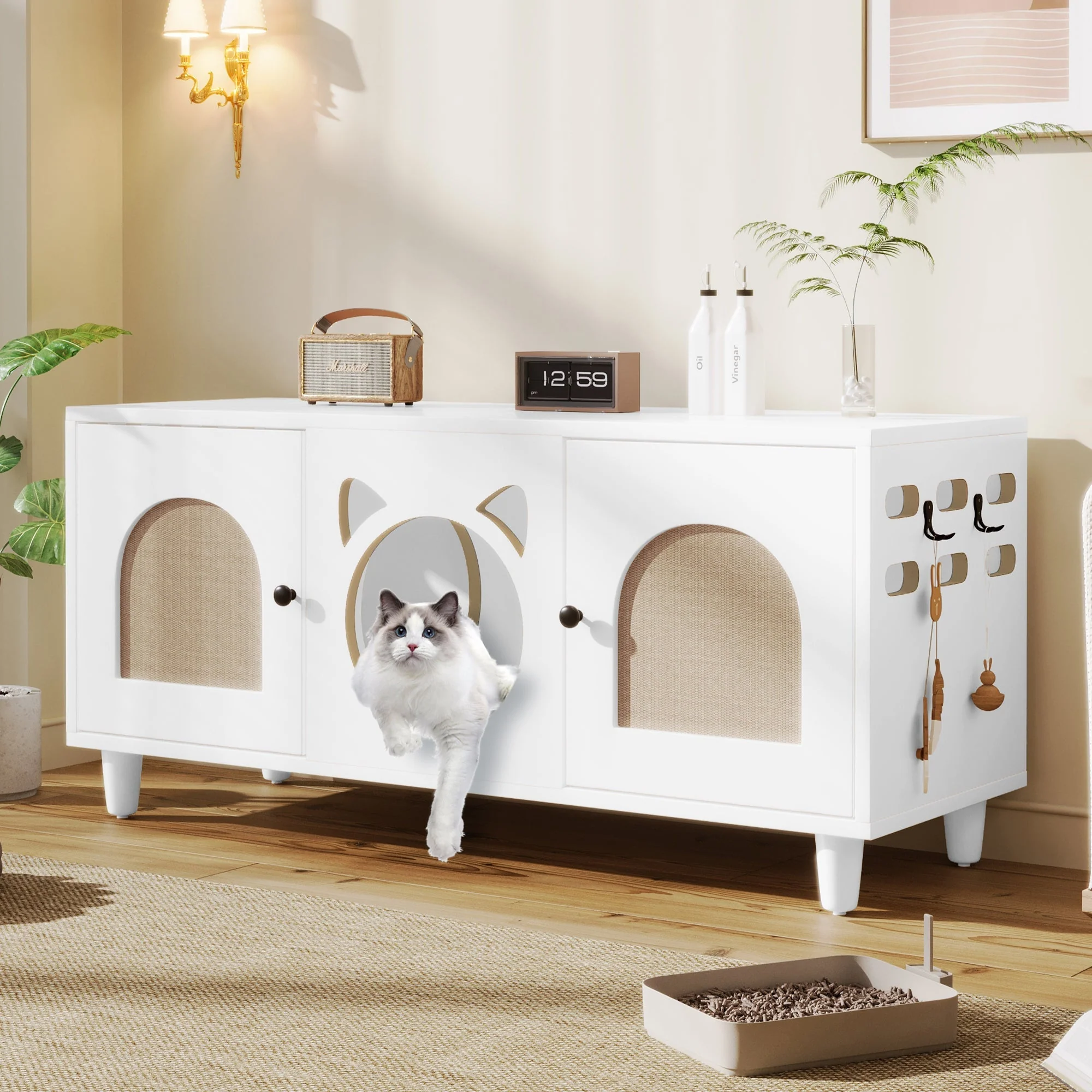 Furniture Style Cat Cabinet Cream White Cat Litter Box - Image 4