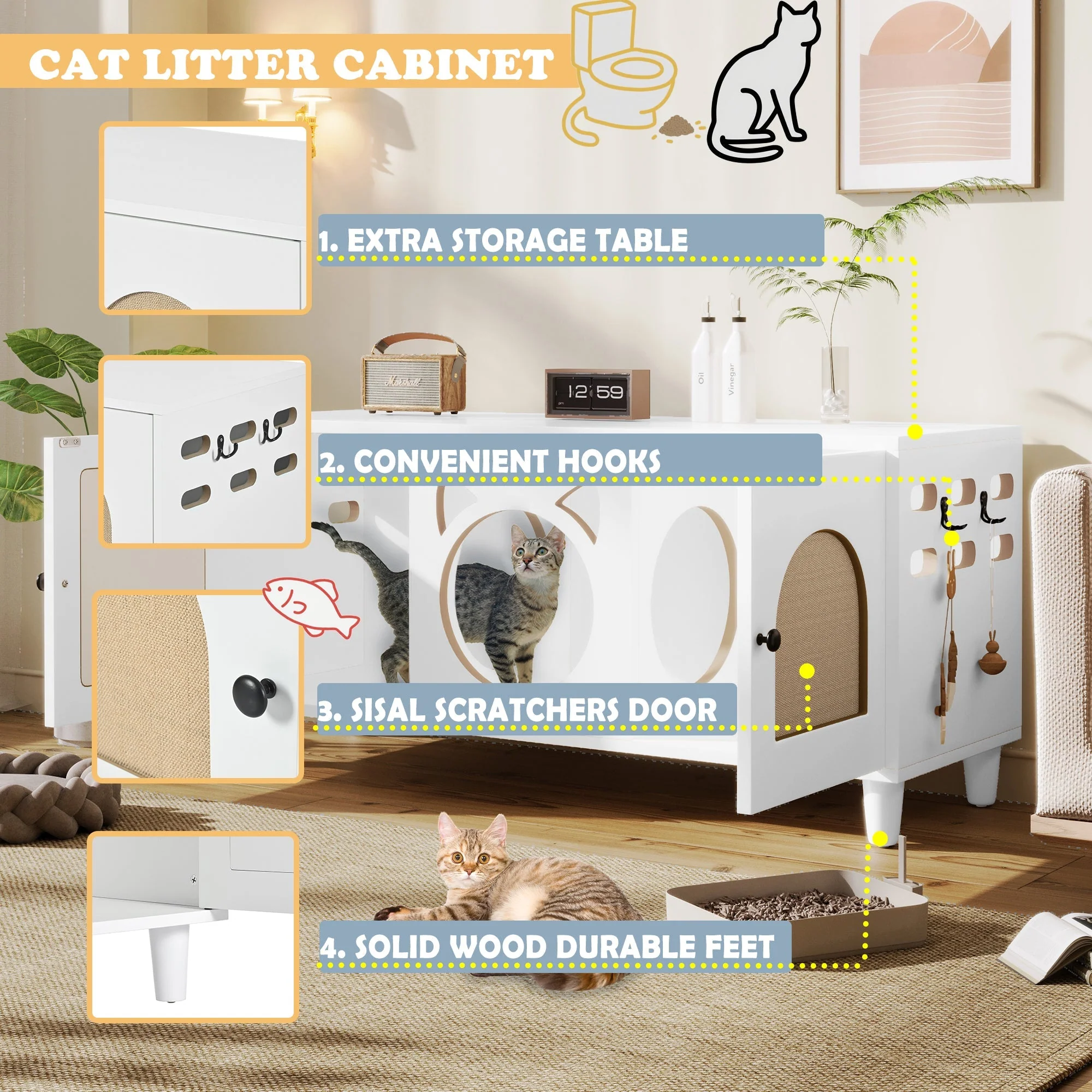 Furniture Style Cat Cabinet Cream White Cat Litter Box - Image 5