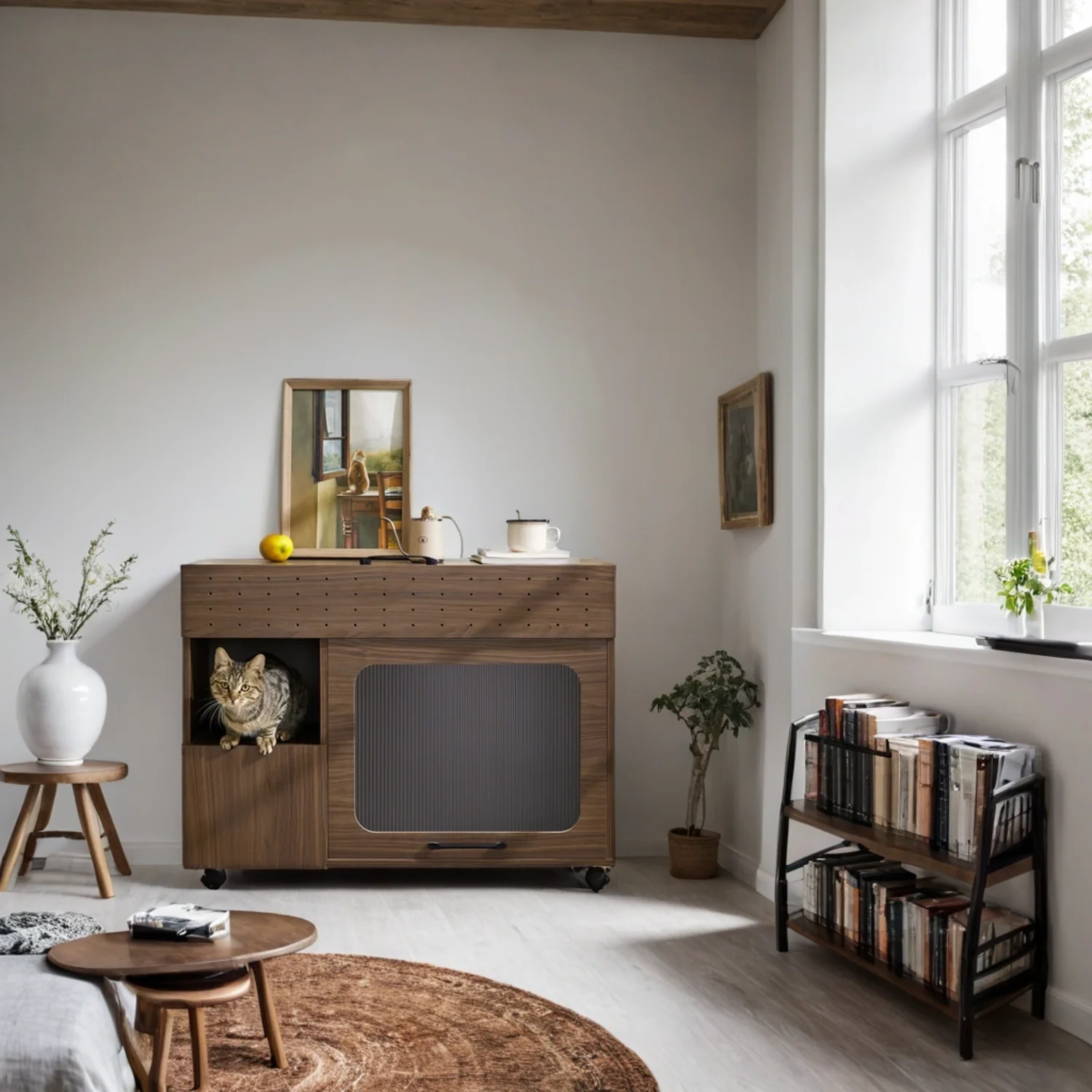 Furniture Style Multi-Use Cat Litter Box House with Storage - Image 10