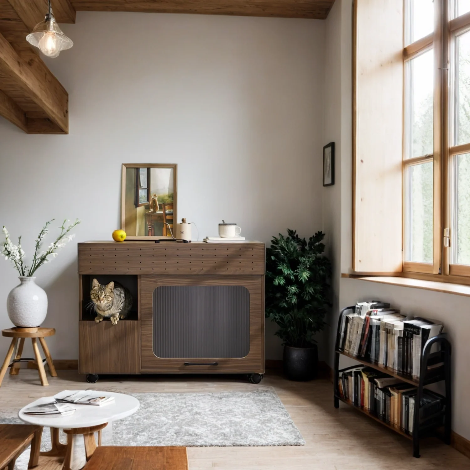 Furniture Style Multi-Use Cat Litter Box House with Storage - Image 11