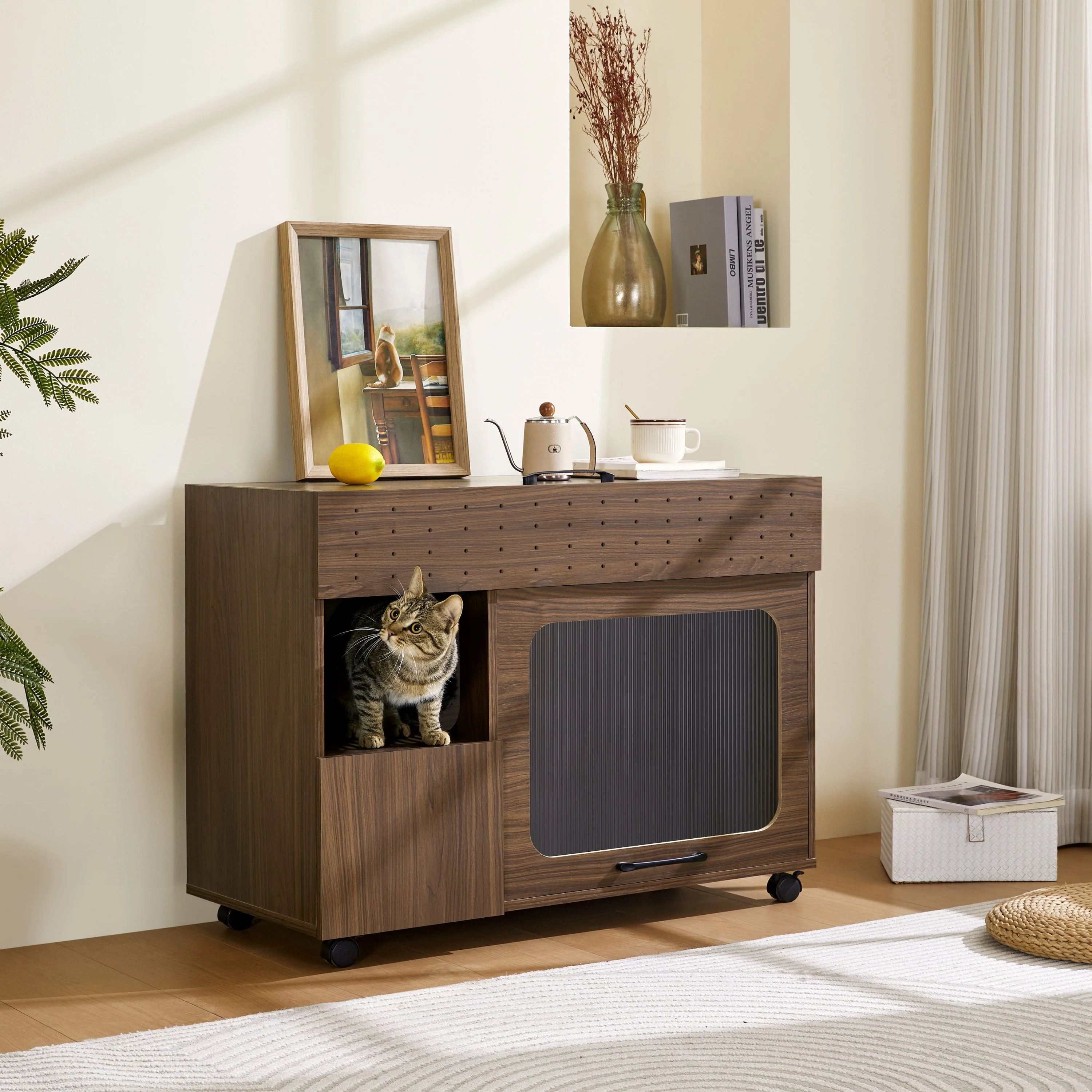 Furniture Style Multi-Use Cat Litter Box House with Storage - Image 7