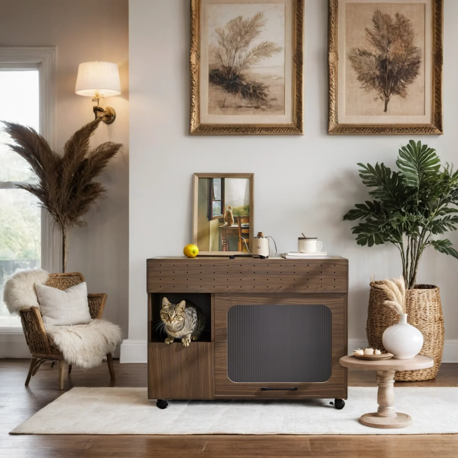 Furniture Style Multi-Use Cat Litter Box House with Storage - Image 8