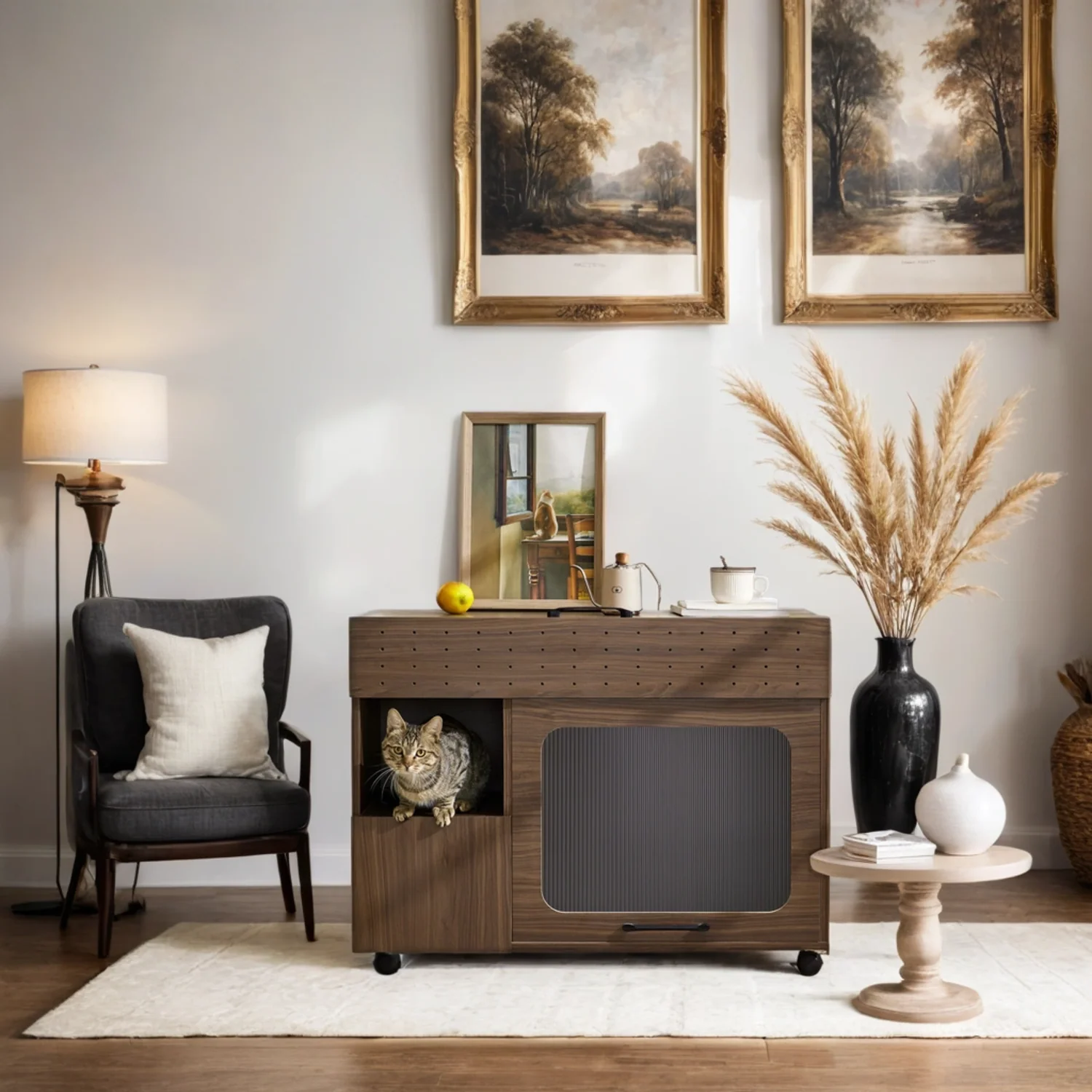 Furniture Style Multi-Use Cat Litter Box House with Storage - Image 9