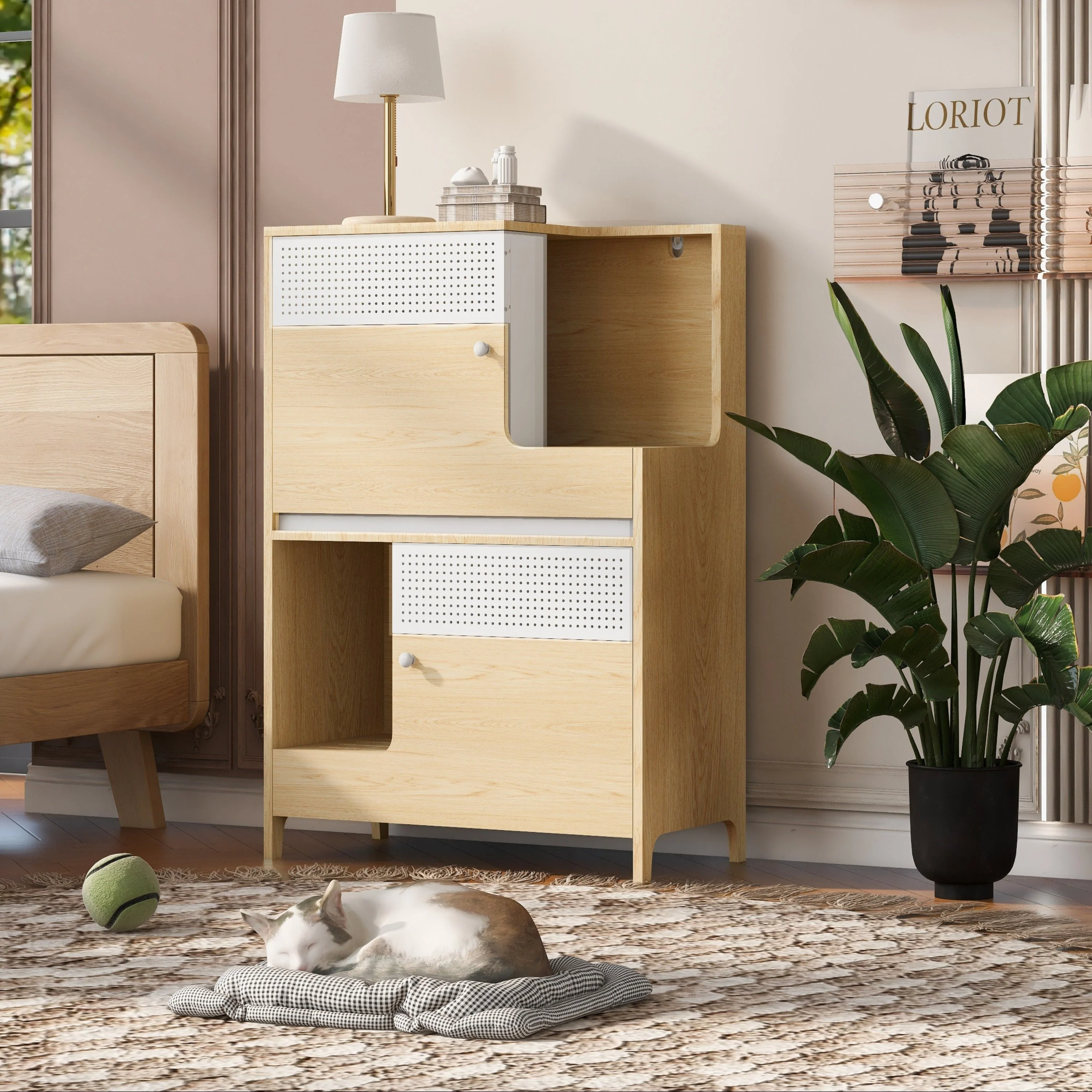 Furniture Style Multi-Use Natural Cat Litter Box House with Flip-Down Door - Image 4