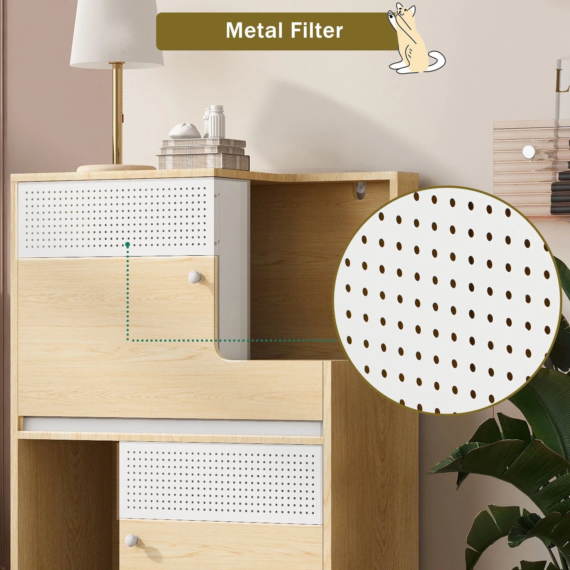 Furniture Style Multi-Use Natural Cat Litter Box House with Flip-Down Door - Image 5