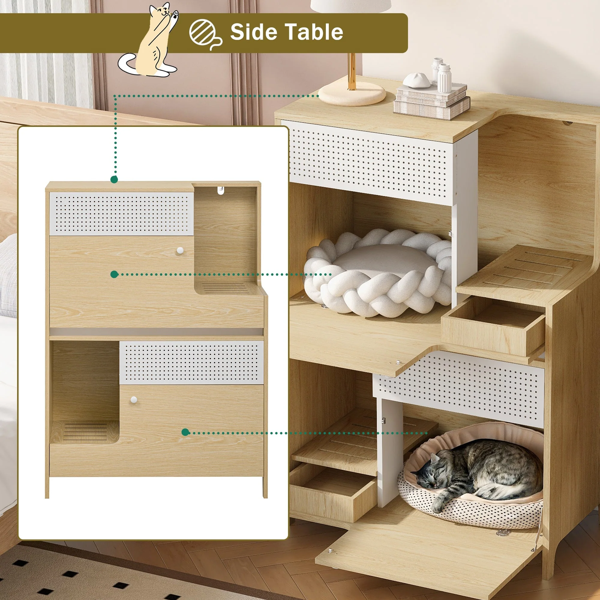 Furniture Style Multi-Use Natural Cat Litter Box House with Flip-Down Door - Image 6