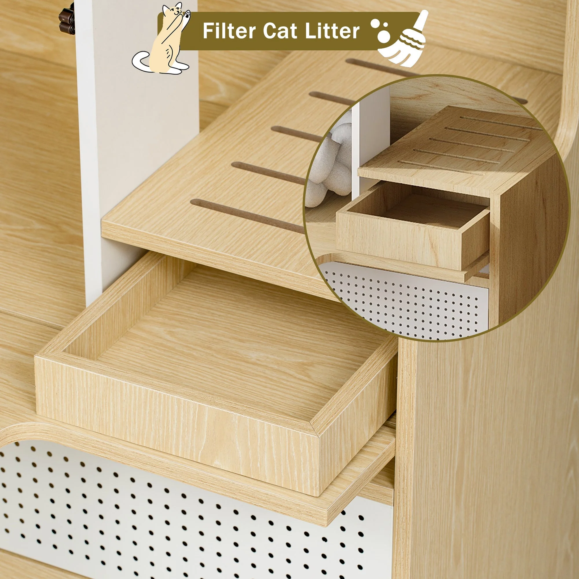 Furniture Style Multi-Use Natural Cat Litter Box House with Flip-Down Door - Image 7