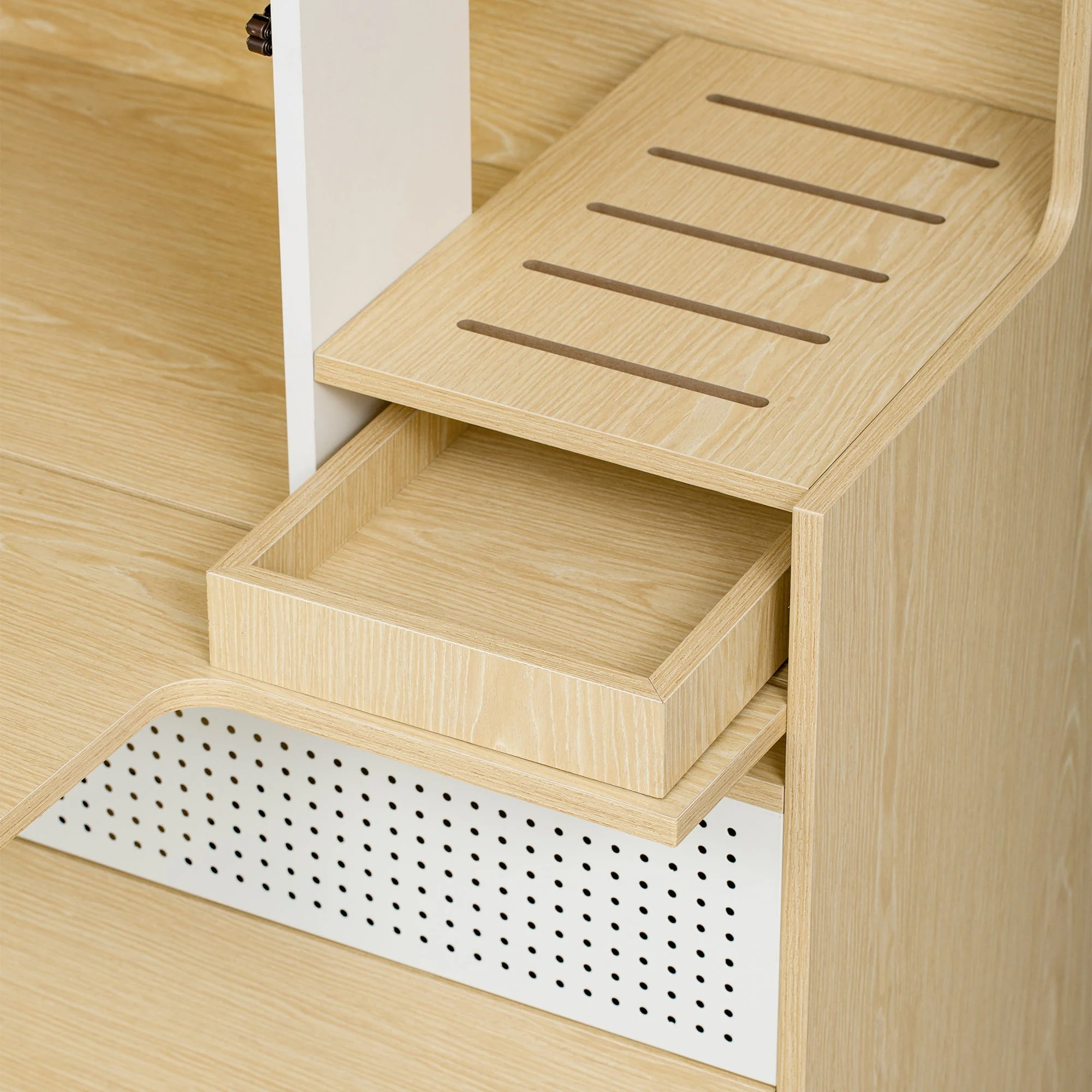 Furniture Style Multi-Use Natural Cat Litter Box House with Flip-Down Door - Image 9