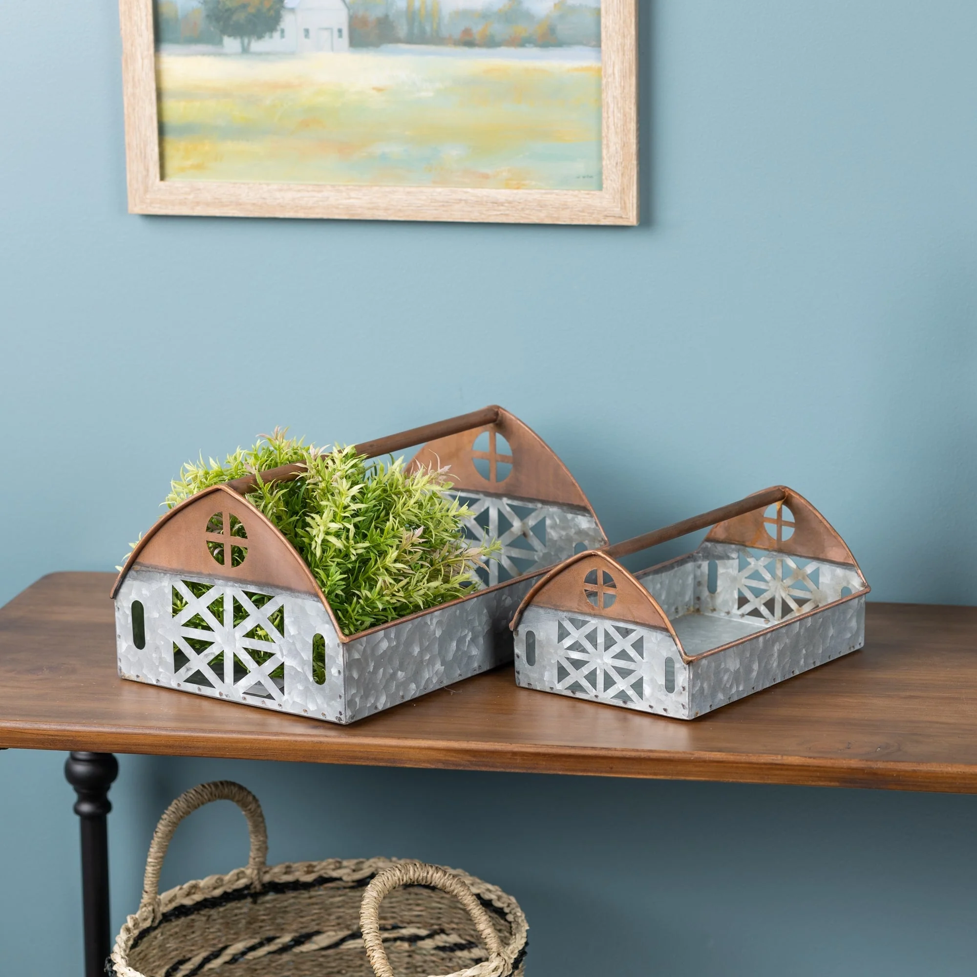 Galvanized Metal Barn Caddy Tray (Set of 2) - Image 2