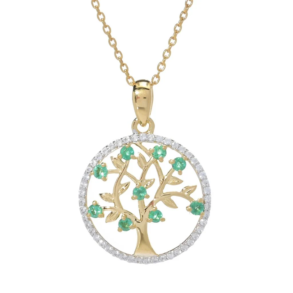 Gem Treasures 0.84ctw Zambian Emerald & Zircon Tree of Life Pendant w/ Chain - Image 3