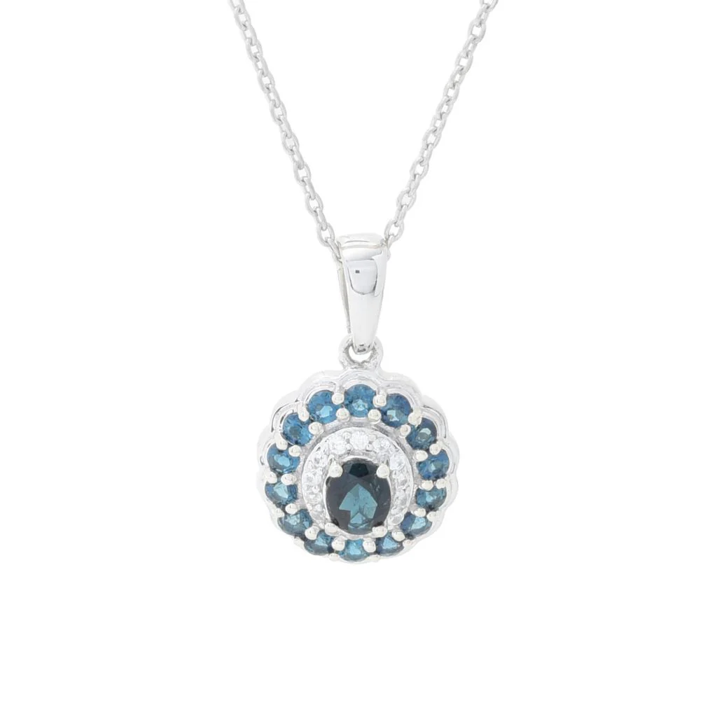 Gem Treasures 1.02ctw Indicolite & Zircon Double Halo Pendant w/ Chain - Image 3
