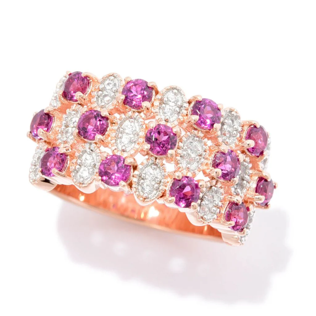 Gem Treasures 1.49ctw Purple Garnet & White Zircon Triple Row Ring - Image 3