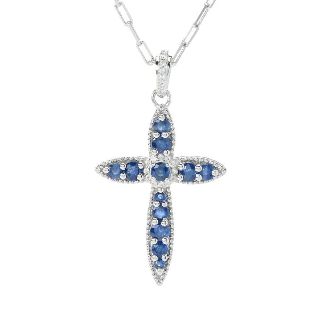 Gem Treasures 1.52ctw Ceylon Sapphire & Zircon Cross Pendant w/ Chain - Image 3