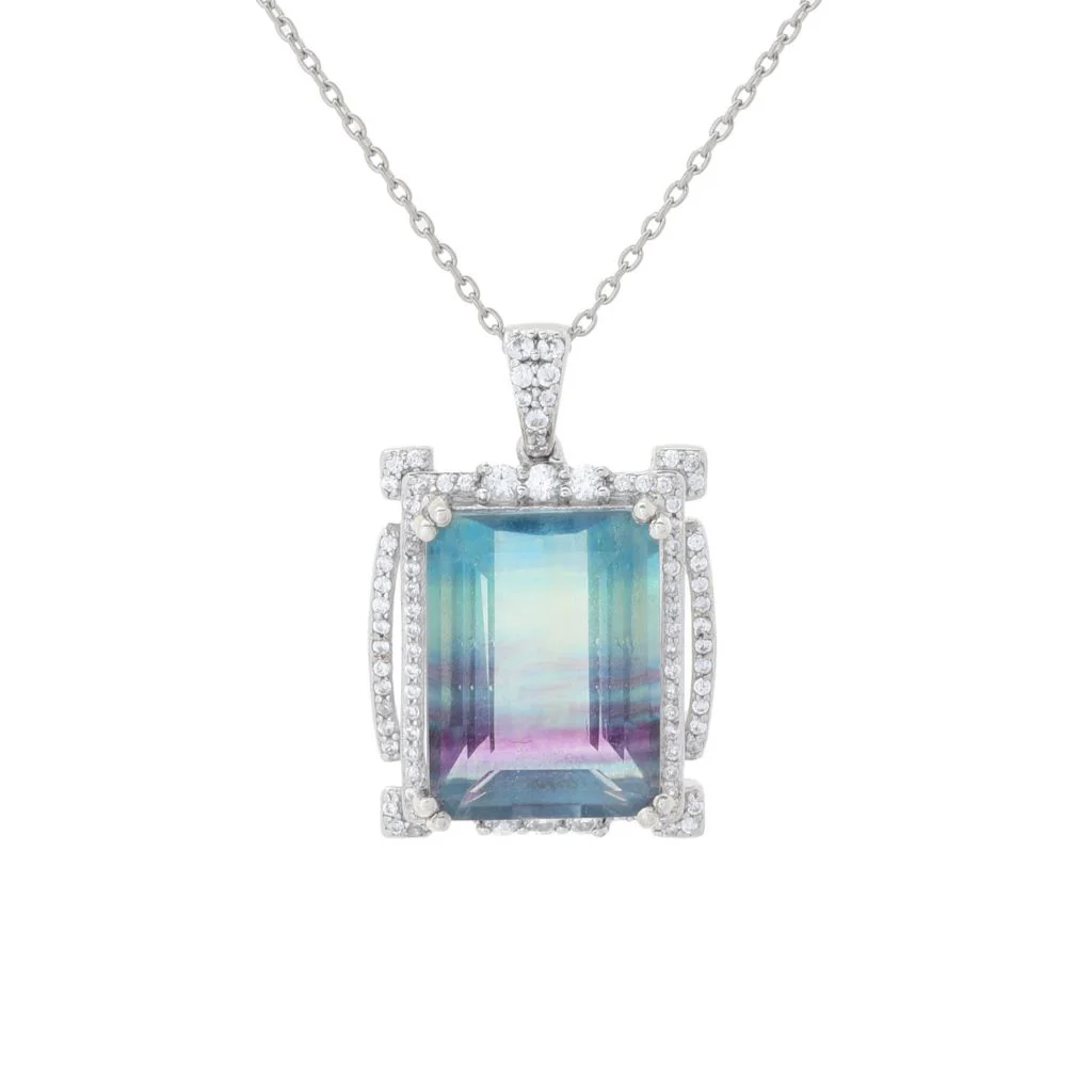 Gem Treasures 14.11ctw Bicolor Fluorite & Zircon Pendant w/ Chain - Image 3