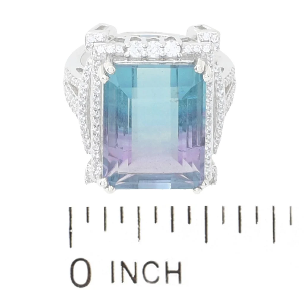 Gem Treasures 14.17ctw Emerald Cut Bicolor Fluorite & Zircon Ring - Image 2