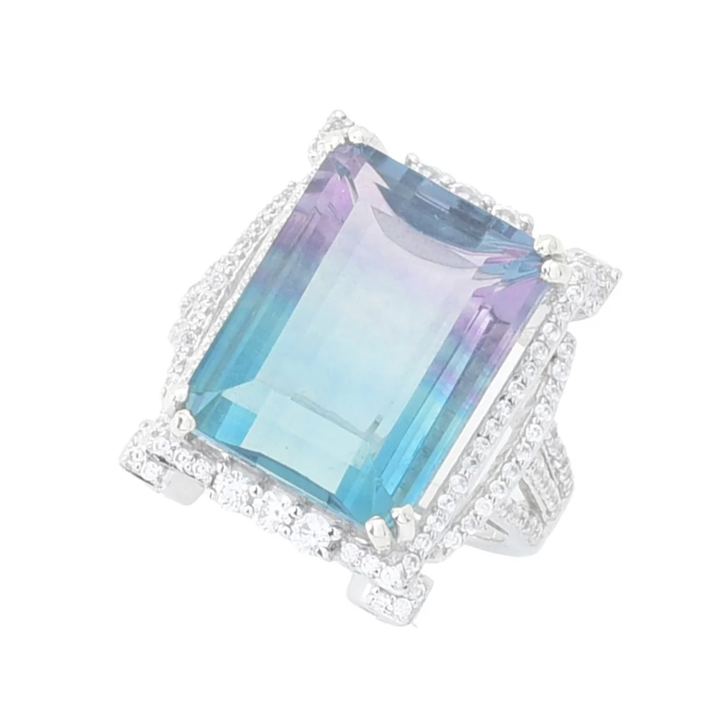 Gem Treasures 14.17ctw Emerald Cut Bicolor Fluorite & Zircon Ring - Image 3