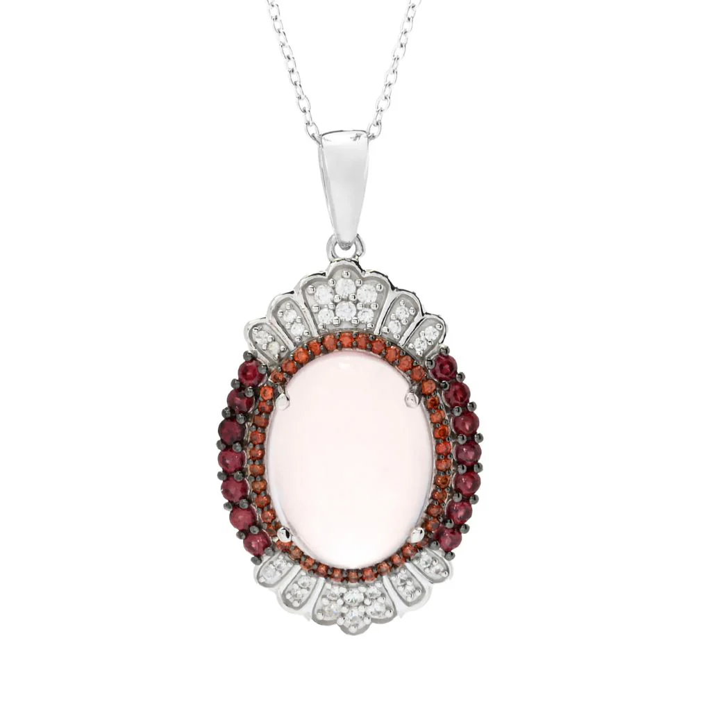 Gem Treasures 16x12mm Rose Quartz, Rhodolite Garnet & Zircon Pendant w/ Chain - Image 3