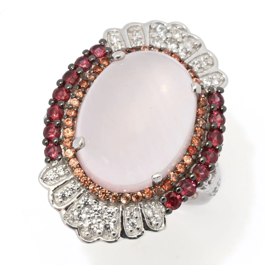 Gem Treasures 16x12mm Rose Quartz, Rhodolite Garnet & Zircon Ring - Image 5