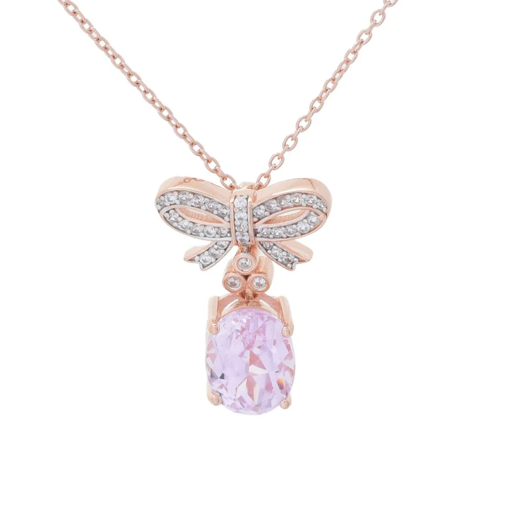 Gem Treasures 18K Rose Vermeil 3.70ctw Kunzite & Zircon Bow Pendant w/ Chain - Image 3