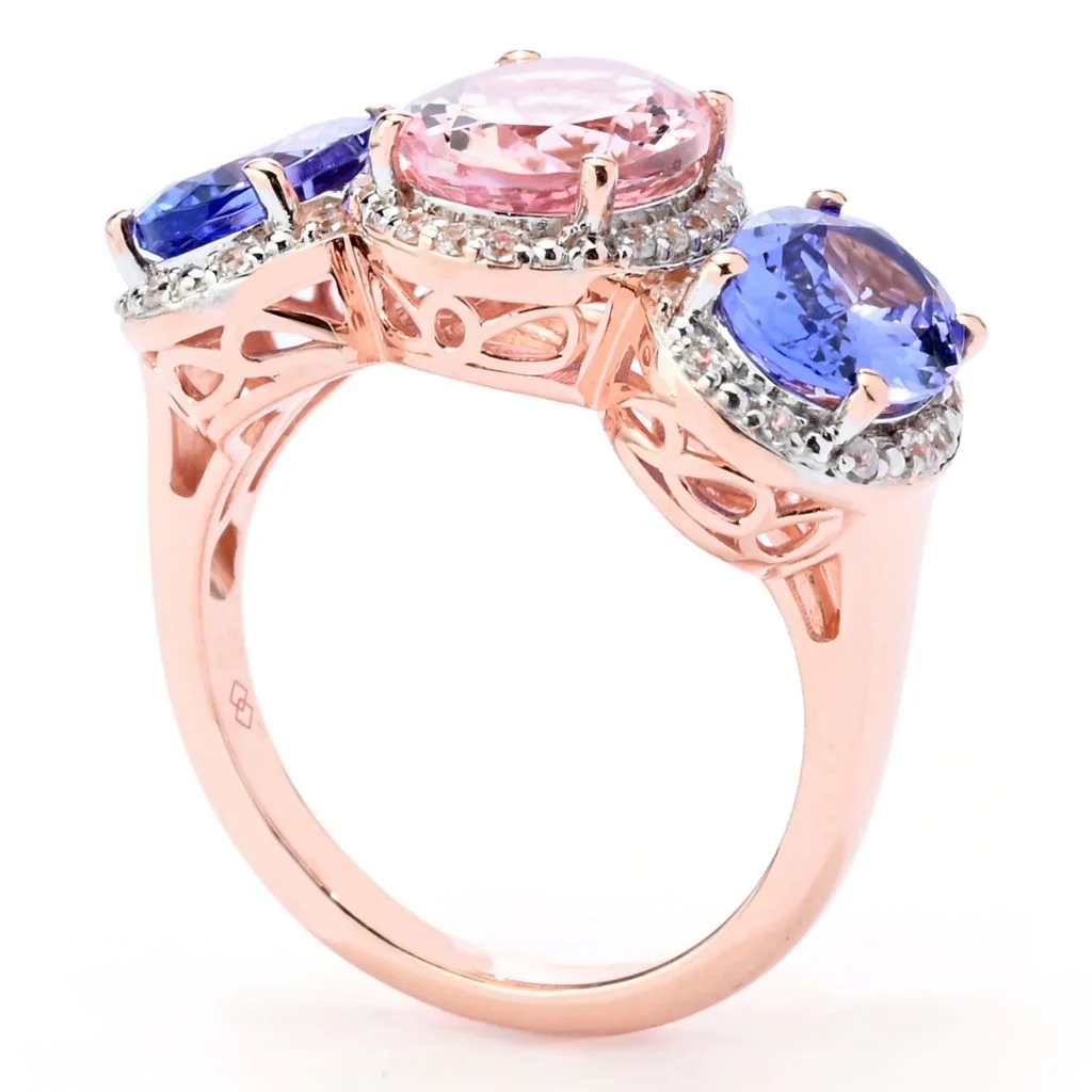 Gem Treasures 18K Rose Vermeil 4.73ctw 3-stone Morganite & Tanzanite Ring - Image 2