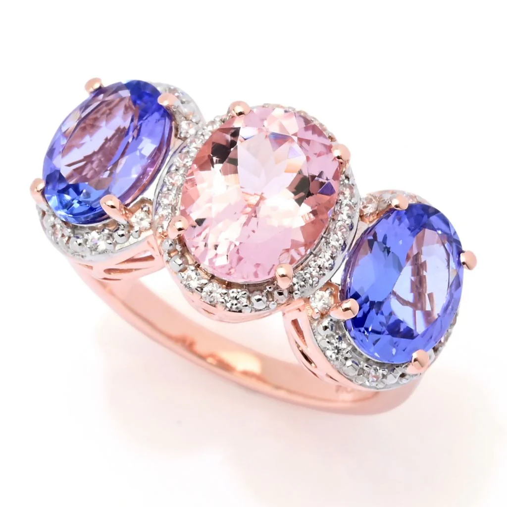 Gem Treasures 18K Rose Vermeil 4.73ctw 3-stone Morganite & Tanzanite Ring - Image 3