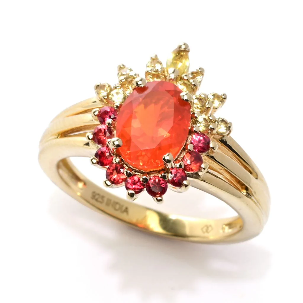Gem Treasures 18K Vermeil 8x6mm Fire Opal & Multi Sapphire Halo Ring - Image 3