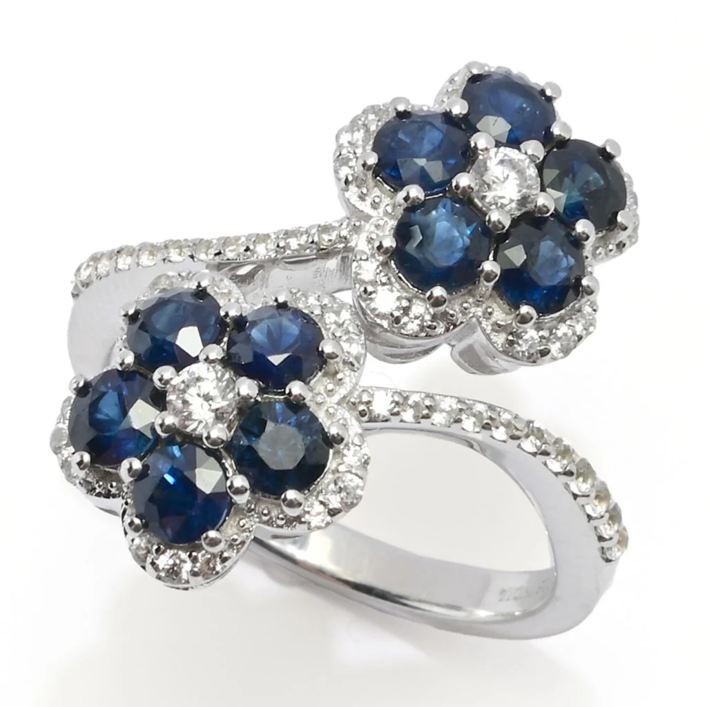 Gem Treasures 2.64ctw Australian Blue Sapphire & Zircon Flower Bypass Ring - Image 3