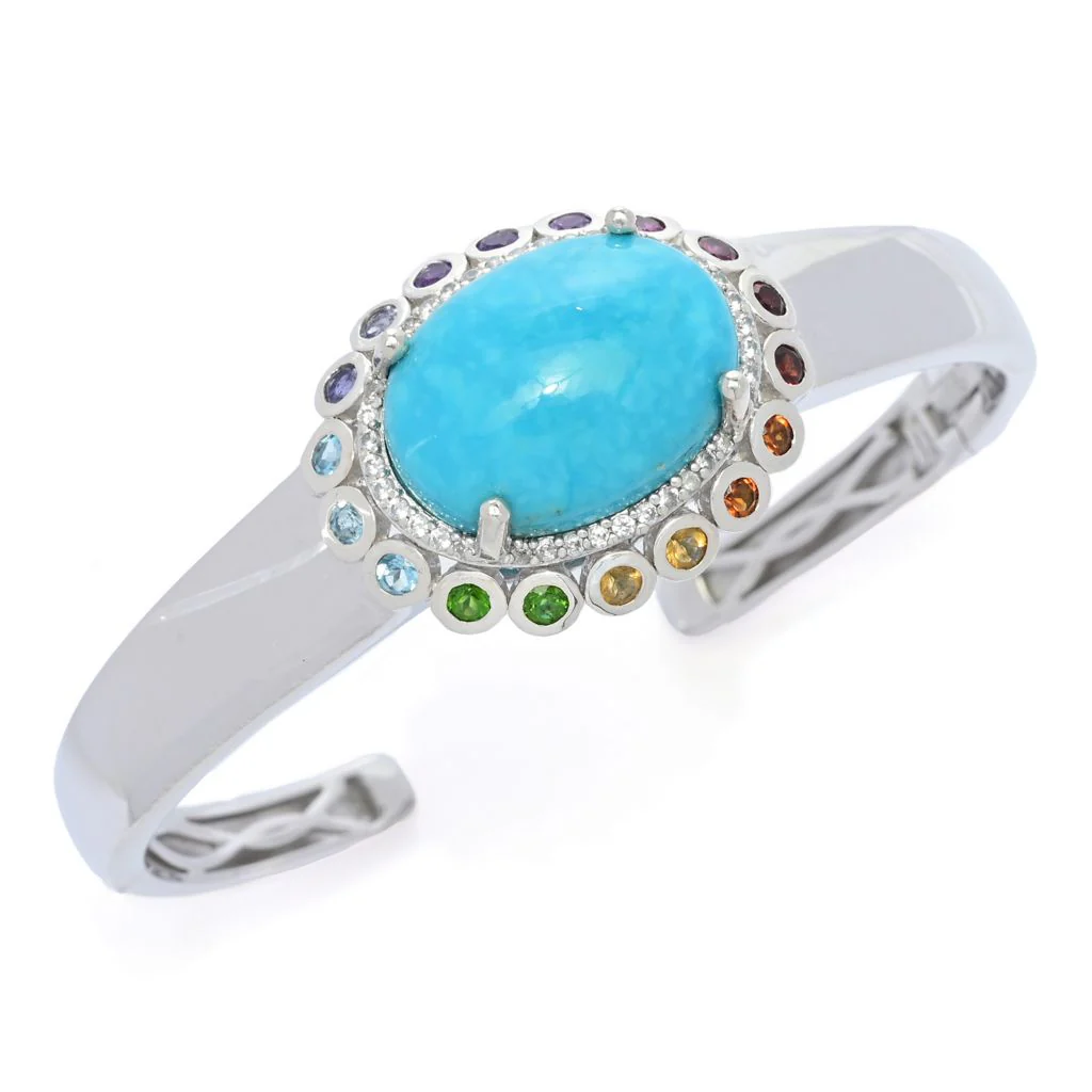 Gem Treasures 20x15mm Kingman Turquoise & Multi Gem Halo Cuff Bracelet - Image 2