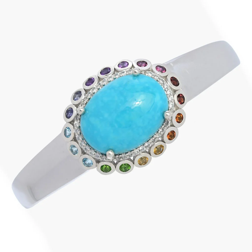 Gem Treasures 20x15mm Kingman Turquoise & Multi Gem Halo Cuff Bracelet - Image 3
