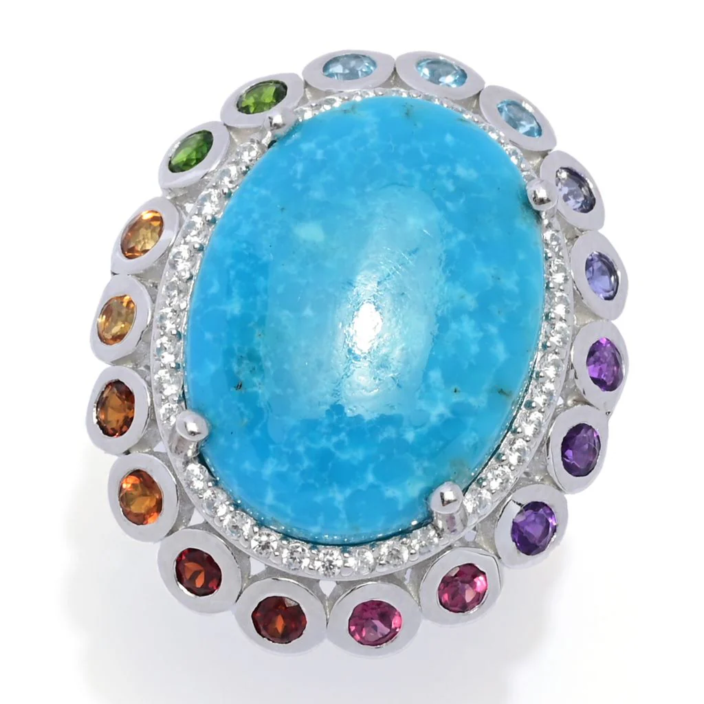 Gem Treasures 20x15mm Kingman Turquoise & Multi Gemstone Halo Ring - Image 2
