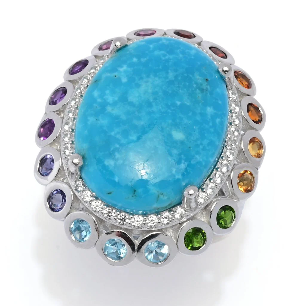 Gem Treasures 20x15mm Kingman Turquoise & Multi Gemstone Halo Ring - Image 6