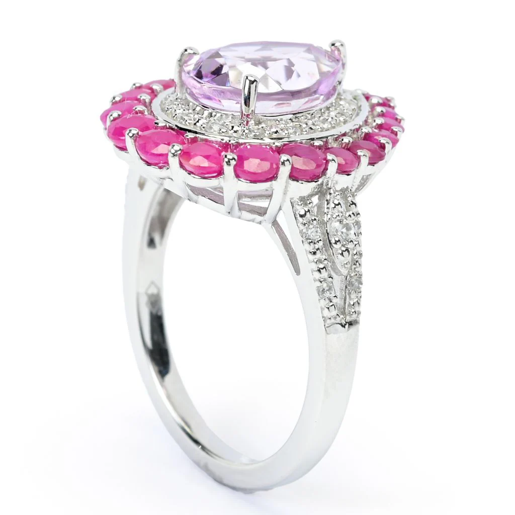Gem Treasures 3.45ctw Kunzite, Burmese Ruby & White Zircon Halo Ring - Image 2