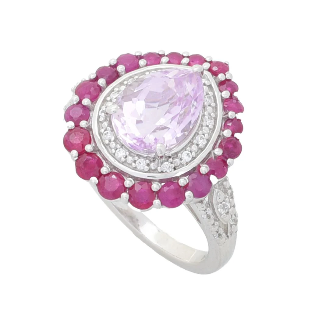 Gem Treasures 3.45ctw Kunzite, Burmese Ruby & White Zircon Halo Ring - Image 3