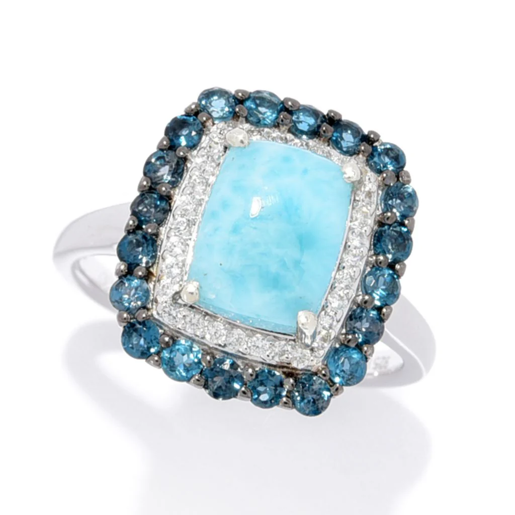 Gem Treasures Choice of Shape Larimar & Gemstone Double Halo Ring - Image 3