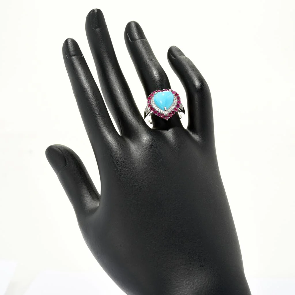 Gem Treasures Heart Shape Sleeping Beauty Turquoise, Ruby & Zircon Ring - Image 2