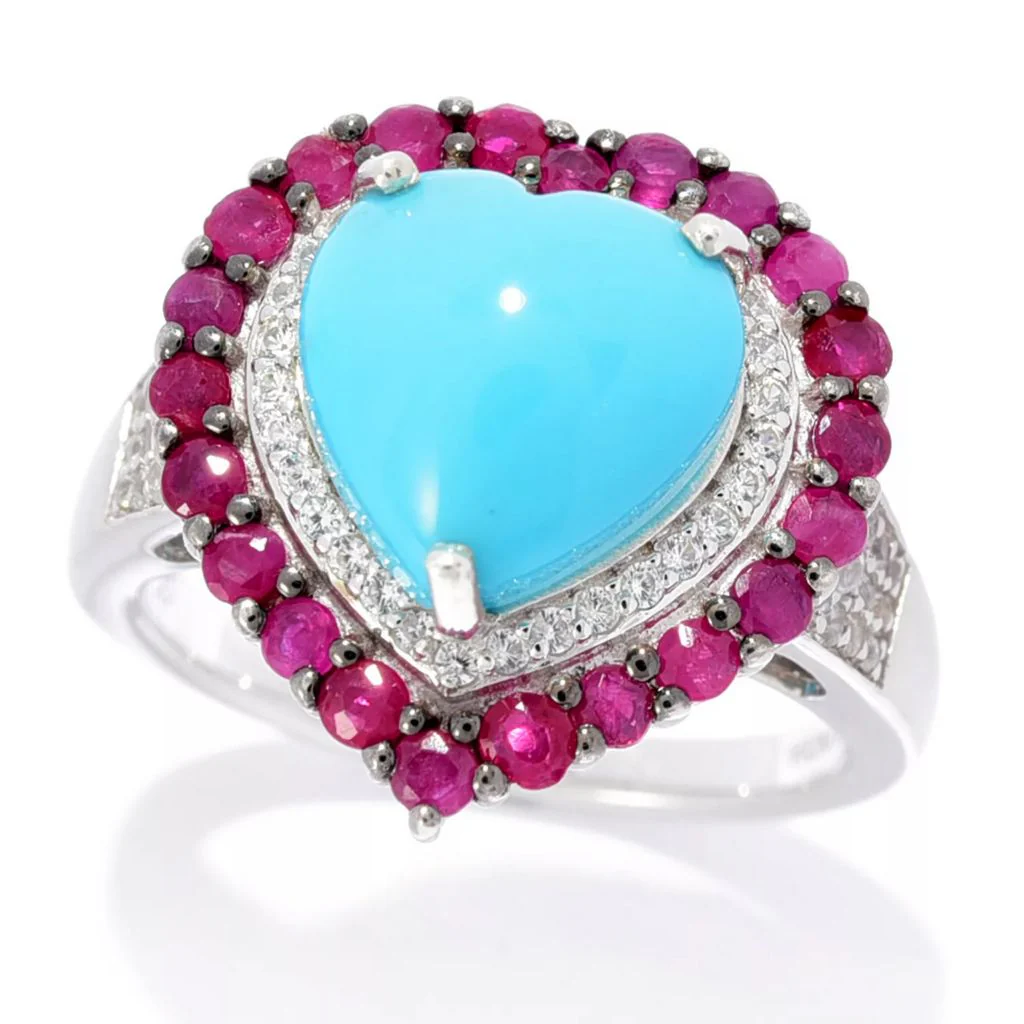 Gem Treasures Heart Shape Sleeping Beauty Turquoise, Ruby & Zircon Ring - Image 3